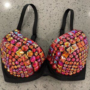 Lydia Rhinestone Embellished Red and Black Bra (Raves, Costume)